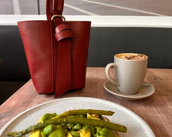 Red Leather Bucket Bag Women, Italian Pebbled Crossbody Purse, Casual Everyday Handbag