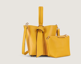Yellow Leather Bucket Bag Women, Italian Handmade Shoulder Purse, Bright Everyday Handbag