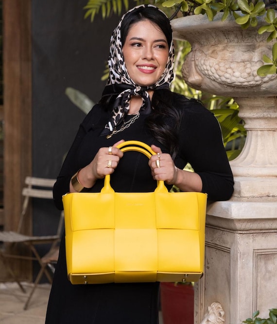 Bella Italian Leather Tote Bag: Woven Yellow Handbag, Handmade in Italy