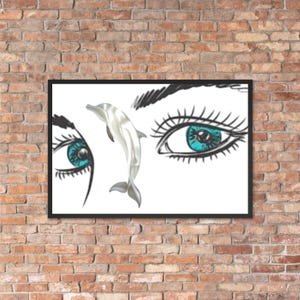 Progetto di poster su carta fotografica con cornice, stampa incorniciata con disegno di occhi color turchese con delfino, fantastica arte per la tua casa.