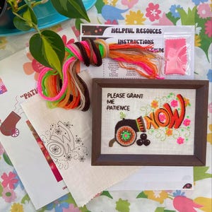 Vintage-Inspired Please Grant Me Patience Now Crewel Kit | 1970s Crewel Embroidery Pattern |Retro Fibert Art | Embroidery Kit