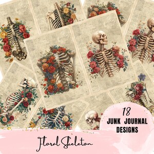 May include: 18 digital printable designs featuring a floral skeleton motif. The designs are in a vintage style with a newspaper background. The skeletons are adorned with red, pink, and yellow flowers.
