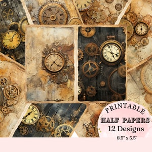 May include: Twelve printable digital paper designs featuring vintage clocks and gears in shades of brown, gold, and black. The papers are 8.5 inches by 5.5 inches.