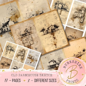 Op de afbeelding: Een verzameling vintage-stijl boerderijschetsen op verouderd papier. De tekeningen bevatten architectonische plannen en gedetailleerde illustraties van oude huizen, met inkt- en aquareleffecten. De tekst luidt "OLD FARMHOUSE SKETCH" en "17 - PAGES - 3 - DIFFERENT SIZES".