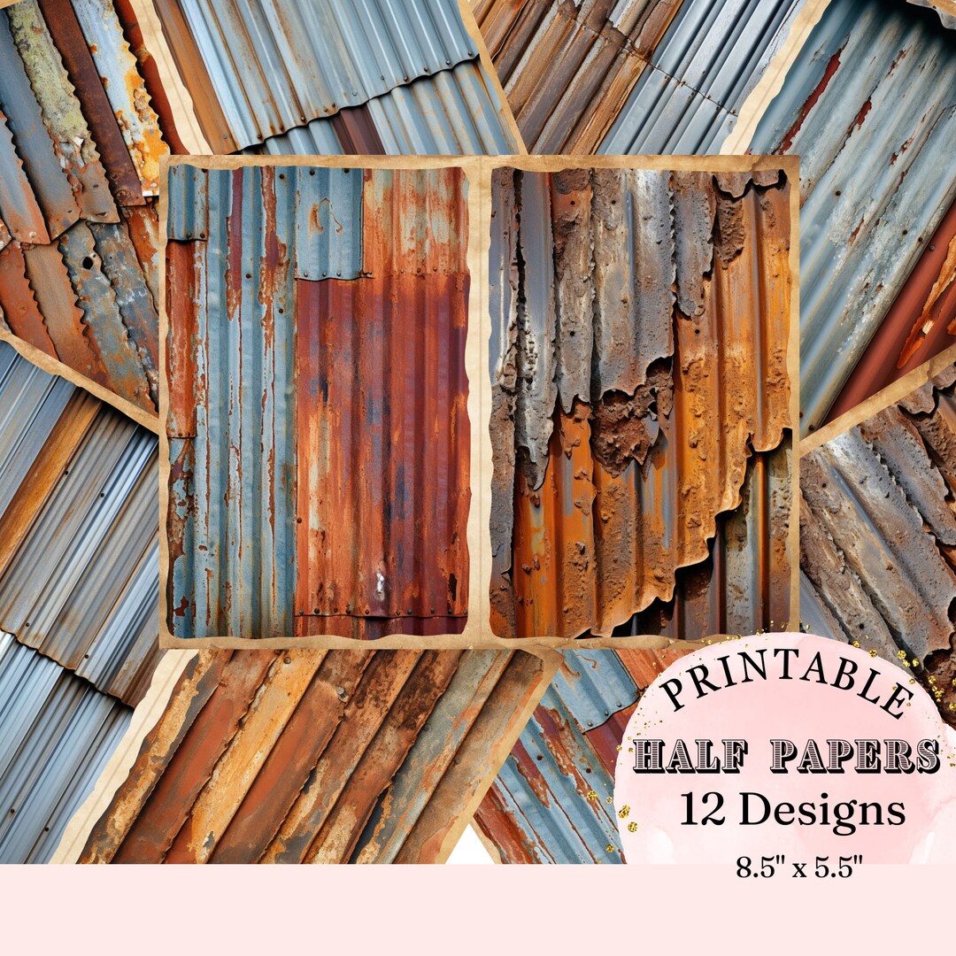 Old Rusty Corrugated Metal Pieces Half Pages Junk Journal Collage ...