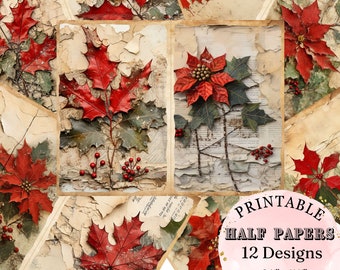 Vintage Torn Paper with Christmas Poinsettia Printable Half Pages, Digital Junk Journal Scrapbooking Xmas Card Craft and Book Supply