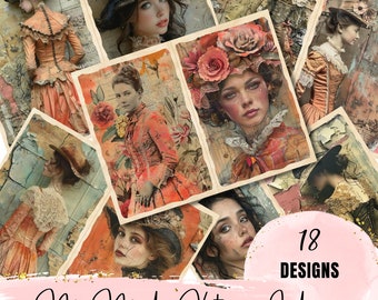 Puede incluir: Una colección de 18 hojas de collage digital con damas victorianas en varias poses y escenarios. Las imágenes son de estilo vintage con una mezcla de texturas y colores, incluyendo melocotón, rosa y marrón.