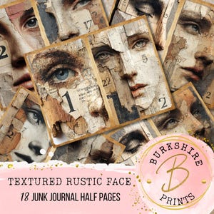 Puede incluir: Una colección de imágenes de rostros rústicos texturizados, cada una con un fragmento de rostro humano con superposiciones de números y texto. Las imágenes están dispuestas en un collage, con el texto "TEXTURED RUSTIC FACE 18 JUNK JOURNAL HALF PAGES" en la parte inferior.