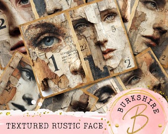 May include: A collection of textured, rustic face images, each featuring a fragment of a human face with numbers and text overlays. The images are arranged in a collage, with the text "TEXTURED RUSTIC FACE 18 JUNK JOURNAL HALF PAGES" at the bottom.