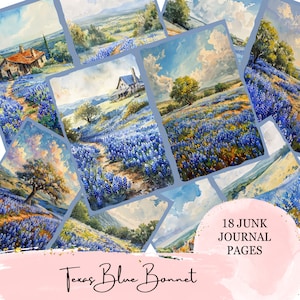 May include: 18 digital printable journal pages featuring watercolor illustrations of bluebonnets, a Texas wildflower, with a farmhouse and trees in the background. The text "Texas Blue Bonnet" is at the bottom of the image.