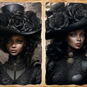 May include: A portrait of a woman with dark skin wearing a black hat with black roses and a black dress with lace detailing.