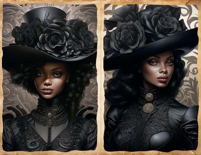 May include: A portrait of a woman with dark skin wearing a black hat with black roses and a black dress with lace detailing.