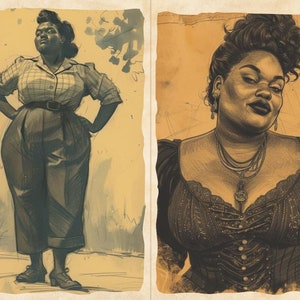 Pu&ograve; includere: Due illustrazioni color seppia di una persona. La prima mostra una persona con una camicia a quadri, pantaloni con cintura e scarpe, con le mani sui fianchi. La seconda &egrave; un primo piano del viso e della parte superiore del corpo della persona, con un corsetto e gioielli.