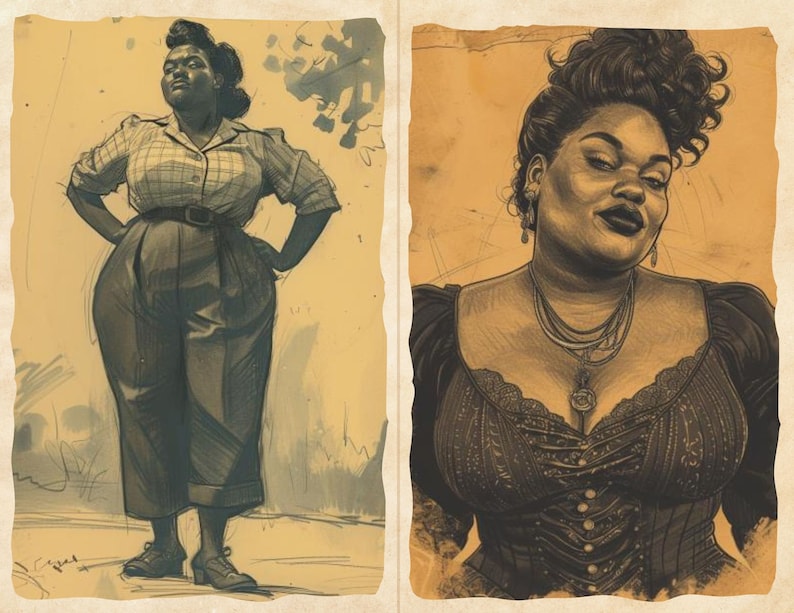 Pu&ograve; includere: Due illustrazioni color seppia di una persona. La prima mostra una persona con una camicia a quadri, pantaloni con cintura e scarpe, con le mani sui fianchi. La seconda &egrave; un primo piano del viso e della parte superiore del corpo della persona, con un corsetto e gioielli.