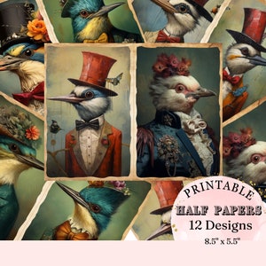 Vintage Aristocrat Bird Wearing Suit and Top Hat Half Pages Junk Journal Collage Scrapbook Printable Pages / Quirky Animal Art