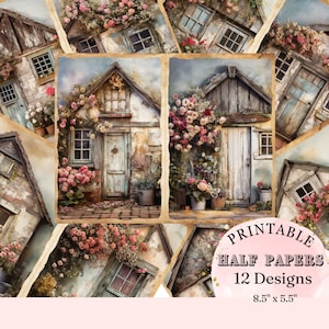 Vintage Cottage Front Door with Flowers Collage Junk Journal Collage Scrapbooking Printable Pages