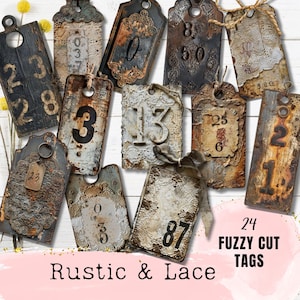 May include: Twenty-four rustic and lace style tags with numbers from 0 to 87. The tags are distressed and have a vintage look. They are perfect for adding a touch of charm to your crafts and projects.
