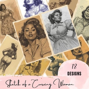 Pu&ograve; includere: Una collezione di 18 schizzi vintage di una donna formosa in varie pose e abiti. Le illustrazioni hanno un'estetica retr&ograve;. Il testo "Sketch of a Curving Woman" e "18 DESIGNS" &egrave; visibile.