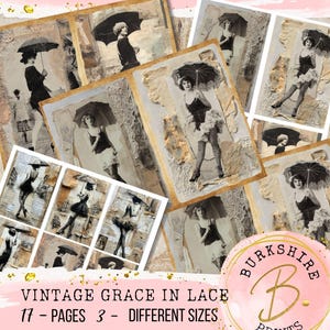 May include: A collage of vintage-style images featuring women with umbrellas and lace accents. The images are arranged on textured backgrounds with a sepia tone. Text on the image reads "Vintage Grace in Lace" and "17 - Pages 3 - Different Sizes."