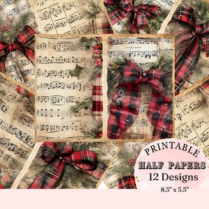 Puede incluir: Doce papeles digitales imprimibles con partituras musicales vintage con lazos de cuadros rojos y negros y vegetación. Los papeles miden 8,5 pulgadas por 5,5 pulgadas.