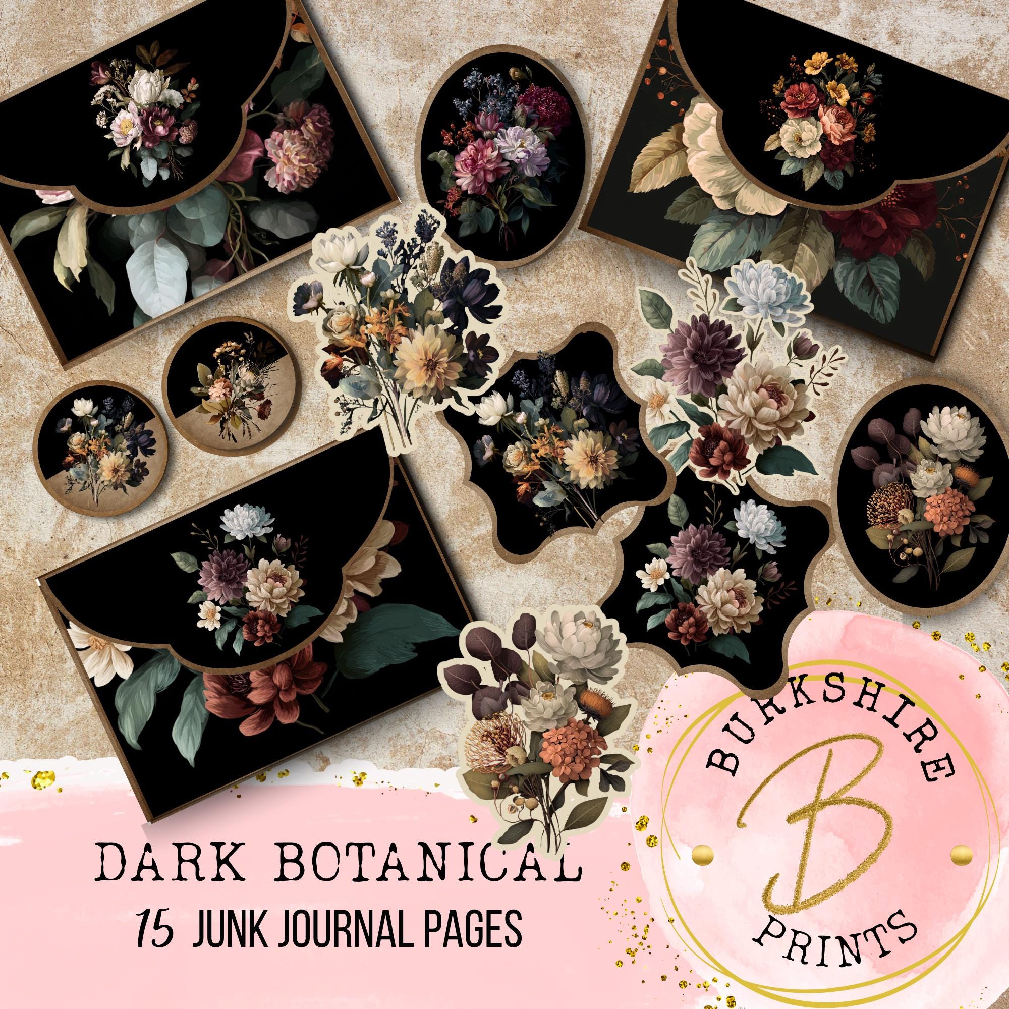 Dark Botanical Envelope Ephemera / Junk Journal Black Forest Floral Kit / Spring Magic Collection / Digital Download / Fuzzy Cutout Tags