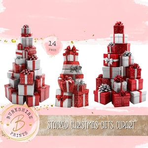 Puede incluir: Tres montones de regalos de Navidad en rojo, blanco y plateado, cada uno coronado con un lazo decorativo. Los regalos están dispuestos en forma de pirámide. La imagen incluye el texto "Stacked Christmas Gifts Clipart."