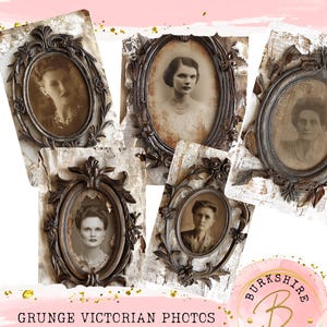 May include: A collection of vintage-style photo frames with sepia-toned portraits. The oval frames are ornate, dark brown, and feature floral and scroll detailing. The background is distressed, with a pink and gold accent.
