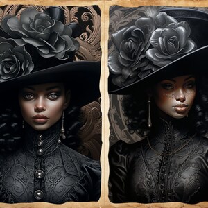 May include: Two portraits of women wearing black hats adorned with large black roses. The women are wearing black lace dresses and have dark curly hair. The background is a dark, ornate pattern.