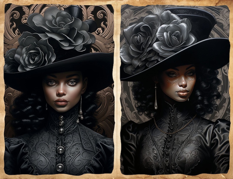 May include: Two portraits of women wearing black hats adorned with large black roses. The women are wearing black lace dresses and have dark curly hair. The background is a dark, ornate pattern.