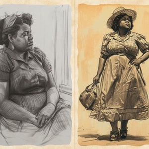 Pu&ograve; includere: Due illustrazioni color seppia di una persona. L'immagine a sinistra &egrave; un bozzetto a carboncino di una persona seduta, che guarda fuori da una finestra. L'immagine a destra &egrave; un disegno di una persona con cappello, vestito e borsa.