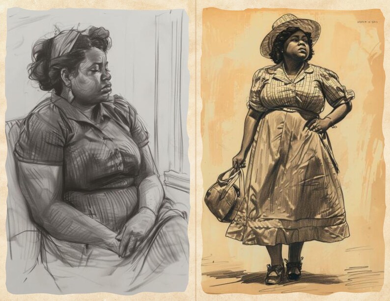 Pu&ograve; includere: Due illustrazioni color seppia di una persona. L'immagine a sinistra &egrave; un bozzetto a carboncino di una persona seduta, che guarda fuori da una finestra. L'immagine a destra &egrave; un disegno di una persona con cappello, vestito e borsa.