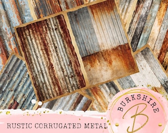 Álbum de recortes de media página con piezas de metal corrugado rústico, papel con textura grunge (descarga digital), diarios industriales con pátina desgastada.