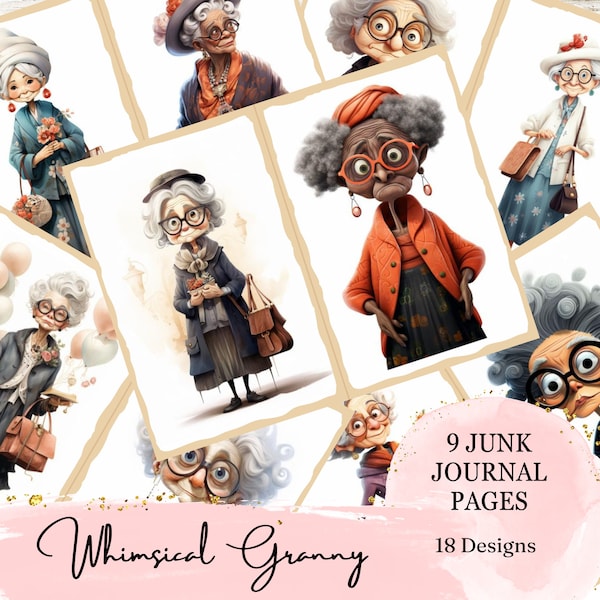 Whimsical Granny Junk Journal Pages, Quirky Grandma Clip Art Paper Digital Download Kit, Mix Media Card Making, Scrapbook Printable Pages