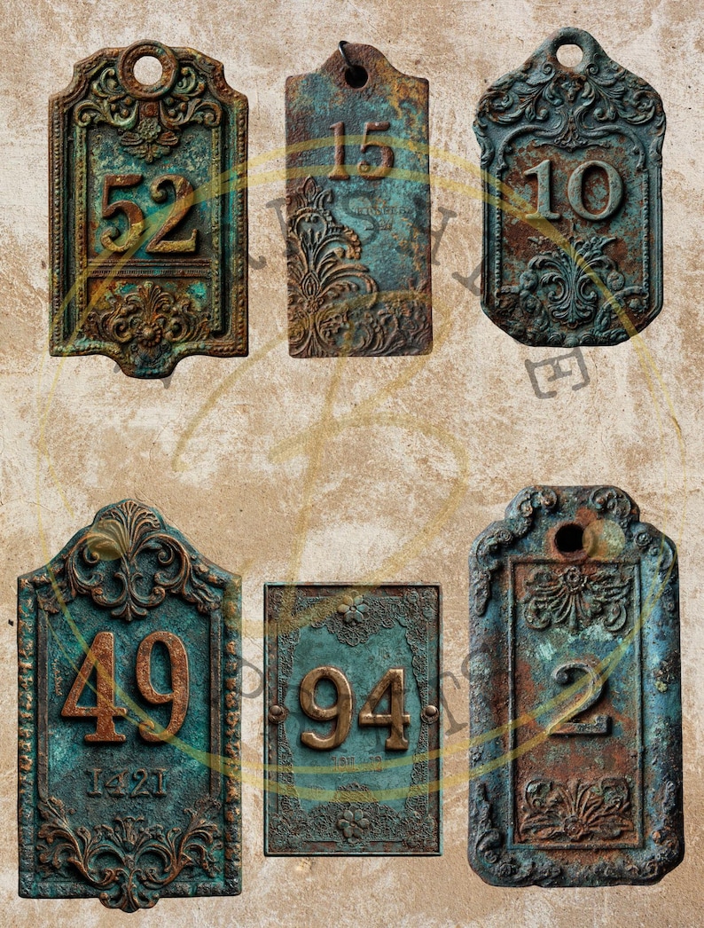 Industrial Turquoise Grunge Steampunk Tags / Fussy Cut Metal Number ...
