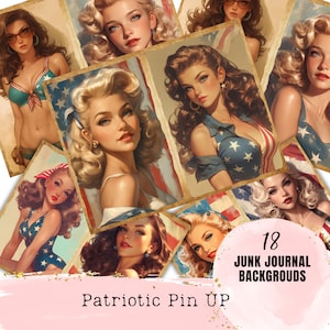 Patriotic Vintage Pin Up Woman 4th of July Junk Journal Memorial Day Ephemera Collage Junk  Printable Pages Supplies Greeting Card