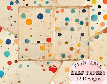 Retro Vintage Circle Paper, Polka Dot Half Pages Junk Journal Collage Scrapbook Printable Pages