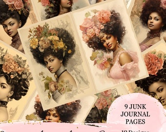 Collage di effimeri di donne nere vittoriane con tecnica mista floreale, pagine stampabili per album di ritagli di giornale spazzatura