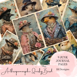Kit de pájaros extravagantes antropomórficos del diario basura / Páginas de pájaros en un nido / Suministros de tarjetas / Páginas imprimibles de álbumes de recortes de collage / Arte animal
