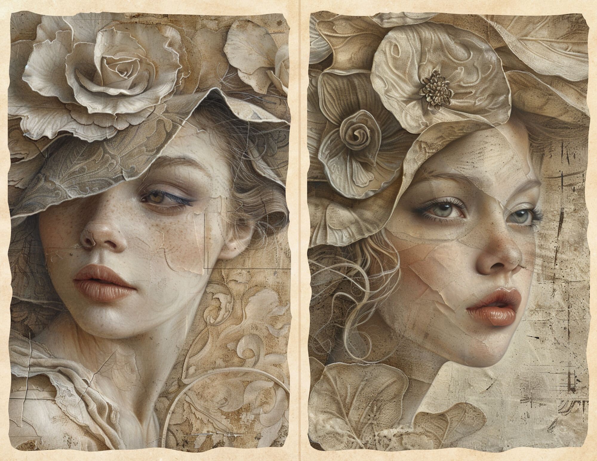 Rustic Botanical Lady Junk Journal Mix Media Woman Beige Flowers