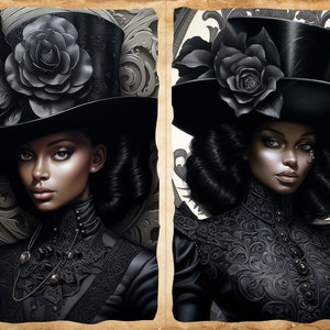 May include: Two portraits of a woman wearing a black top hat with a black rose on it. She is wearing a black lace dress with a high collar. Her hair is styled in a curly updo.
