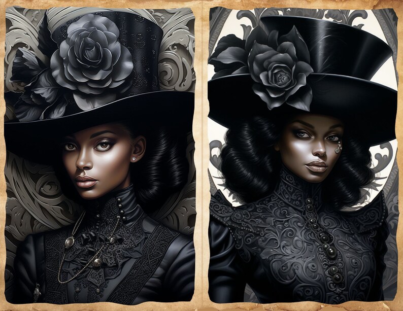 May include: Two portraits of a woman wearing a black top hat with a black rose on it. She is wearing a black lace dress with a high collar. Her hair is styled in a curly updo.