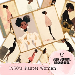 Kit di modifica schizzo di diario spazzatura con donna nera moderna pastello anni '50, collage di diario spazzatura, pagine stampabili, forniture per album di ritagli