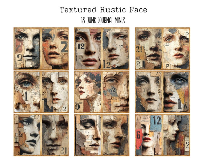 Rustic Woman Face Textured Rustic Female Face Mixed Media Art, Distressed Numbers ...