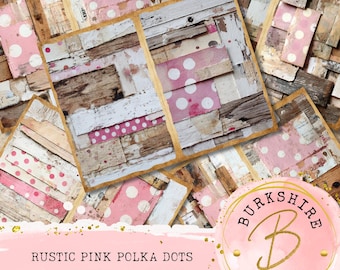Rustic Pink Polka Dots Digital Pages / Torn Paper / Distressed Wood Printable Junk Journal Supplies / Collage Scrapbook Greeting Cards