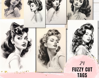 Sketch Black White Pin Up Women / Fussy Cut Vintage Woman / Ephemera Collage Mix Media Supplies / Junk Journal Scrapbooking Printable Pages