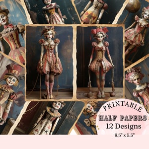 Juguete de artista de circo de metal rústico vintage, medias páginas imprimibles antiguas, artesanía de tarjetas de scrapbooking de diario basura digital y suministro de libros