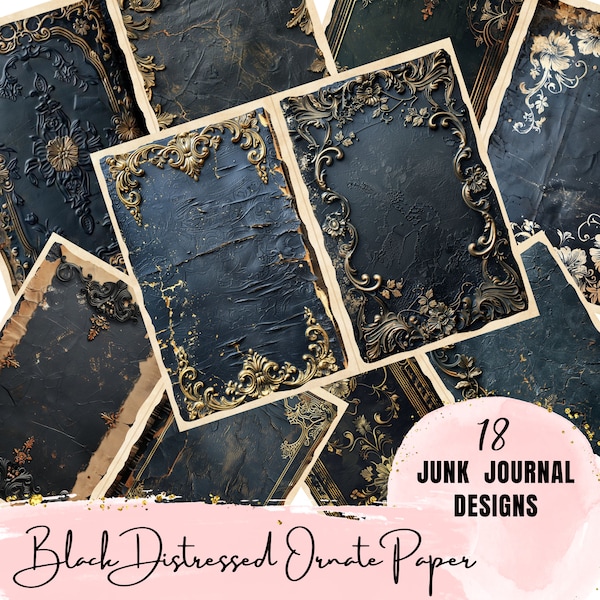 Black Distressed Ornate Paper Gold Trim Design Half Page Junk Journal Collage Scrapbook Printable Pages / Card Making Kit