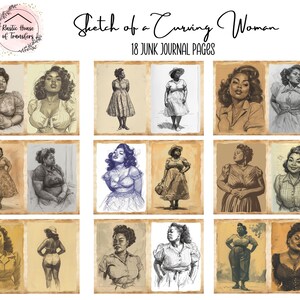 Pu&ograve; includere: Una collezione di 18 pagine di junk journal con schizzi di una donna formosa. Le pagine mostrano varie pose e outfit, resi in uno stile vintage con toni seppia e un'estetica rustica. Il titolo "Sketch of a Curving Woman" &egrave; visualizzato in alto.