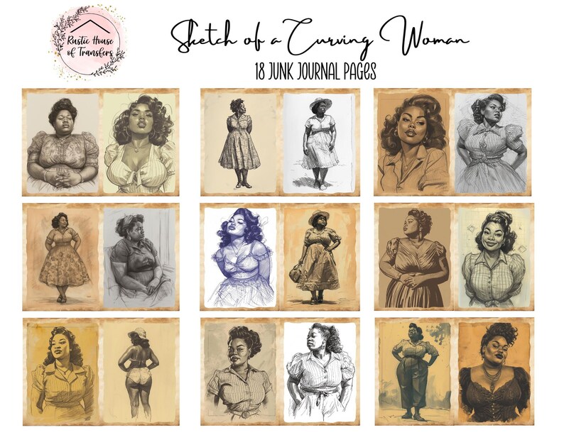 Pu&ograve; includere: Una collezione di 18 pagine di junk journal con schizzi di una donna formosa. Le pagine mostrano varie pose e outfit, resi in uno stile vintage con toni seppia e un'estetica rustica. Il titolo "Sketch of a Curving Woman" &egrave; visualizzato in alto.