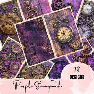 Distressed Purple Vintage Clock and Gears Steampunk Half Paper Collage Junk Journal Scrapbook Printable Pages